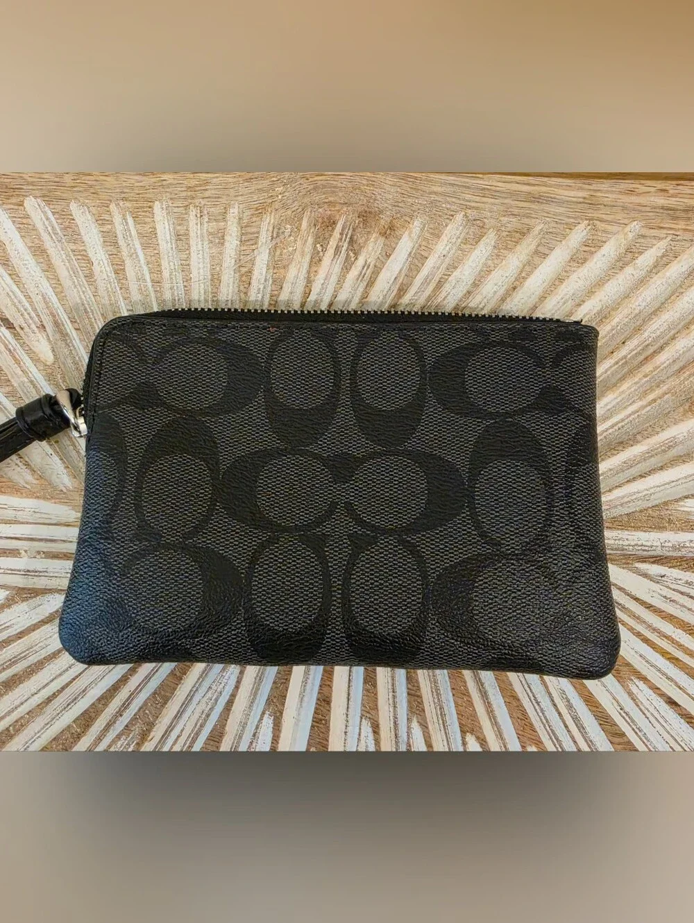 Coach Black Signature Wristlet with Logo Panel